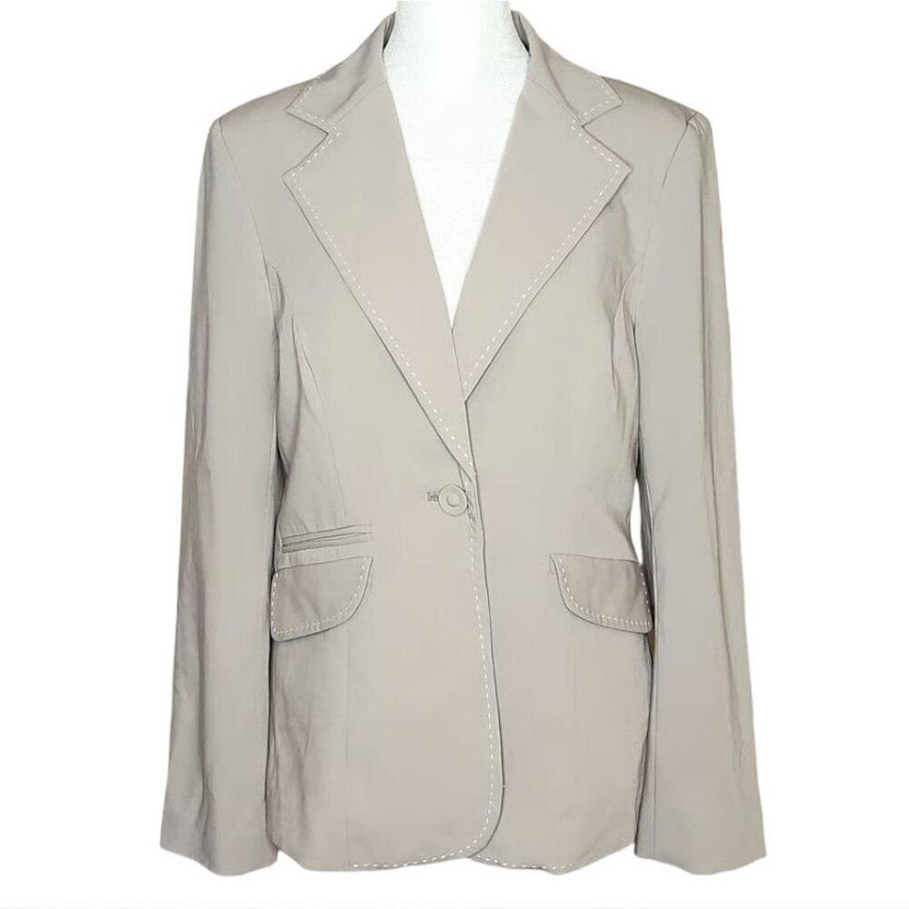 CABI Dynamo Blazer Mist Gray Taupe Style 832 White Contrast Topstitch Size 8